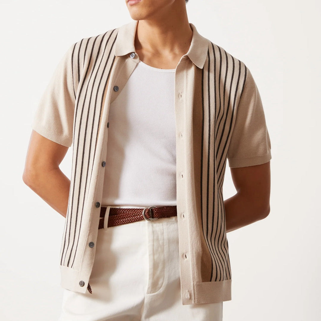 Men’s Button-Up Shirt - Lightweight Fabric - Vertical Stripe - Short Sleeve Casual