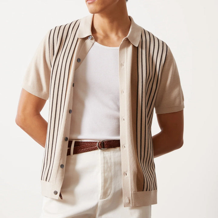 Men’s Button-Up Shirt - Lightweight Fabric - Vertical Stripe - Short Sleeve Casual