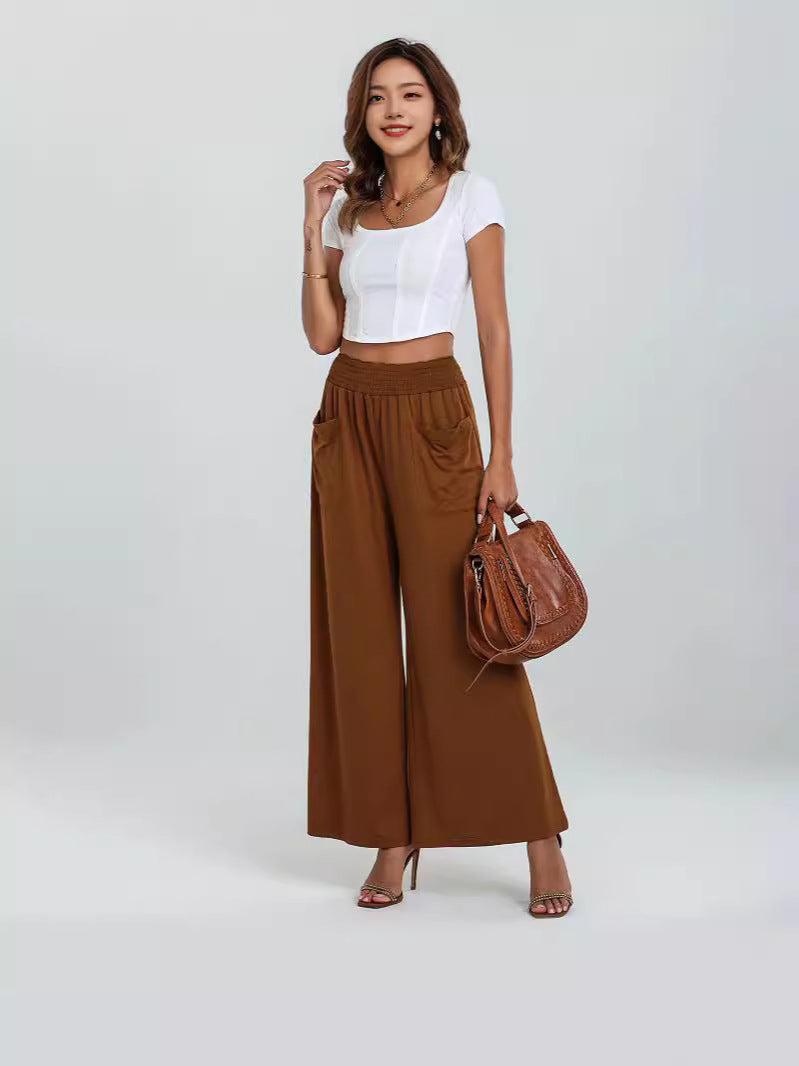 Women's Wide-Leg Pants - Elastic Waistband - Full Length - Relaxed Fit - Front Pockets
