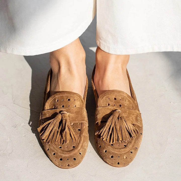 Women’s Loafers – Suede Upper – Chunky Heel – Perforated Design – Tassel Accent