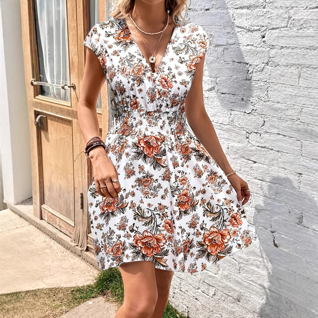 Women’s A-Line Dress – Deep V-Neck – Flutter Sleeves – Smocked Waist – Breathable Blend