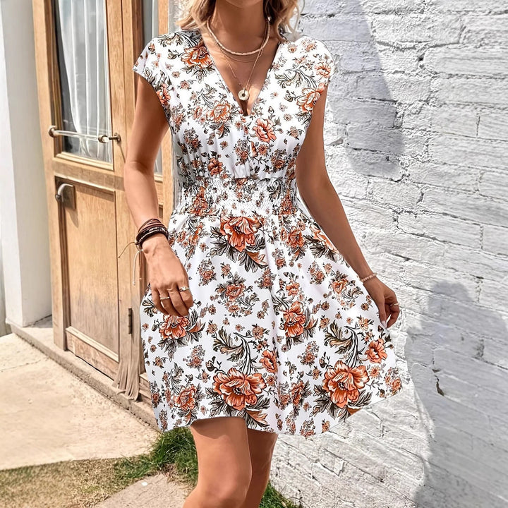 Women’s A-Line Dress – Deep V-Neck – Flutter Sleeves – Smocked Waist – Breathable Blend