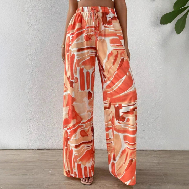 Women’s Wide-Leg Pants – Abstract Print – Drawstring Waist – Full Length – Relaxed Fit