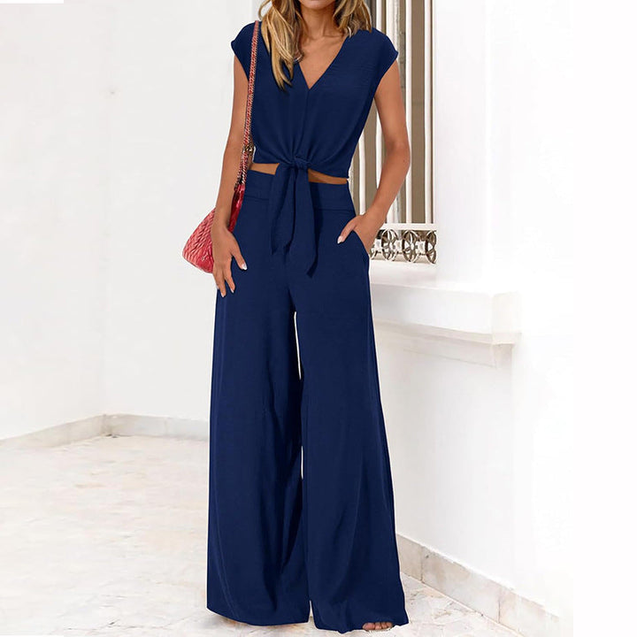 Women’s Two-Piece Set - V-Neck Crop Top Tie Front - High-Waist Wide-Leg Pants