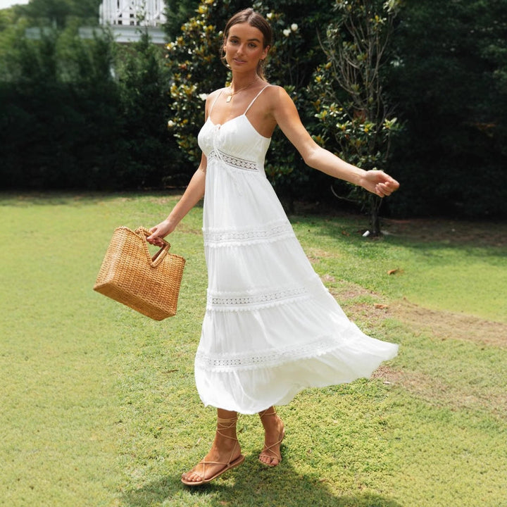 Women’s Maxi Dress – Tiered Skirt – Spaghetti Straps – Lace Detail – Flowy Fit