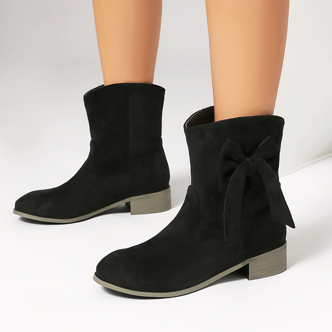 Women’s Ankle Boots – Suede Texture – Low Heel – Decorative Bow – Casual Comfort Fit