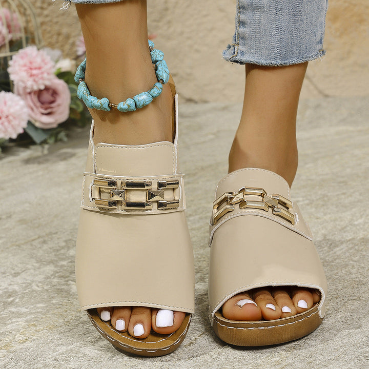 Women’s Wedge Sandals – Slip-On – Leather-Like Upper – Open Toe – Buckle Accent