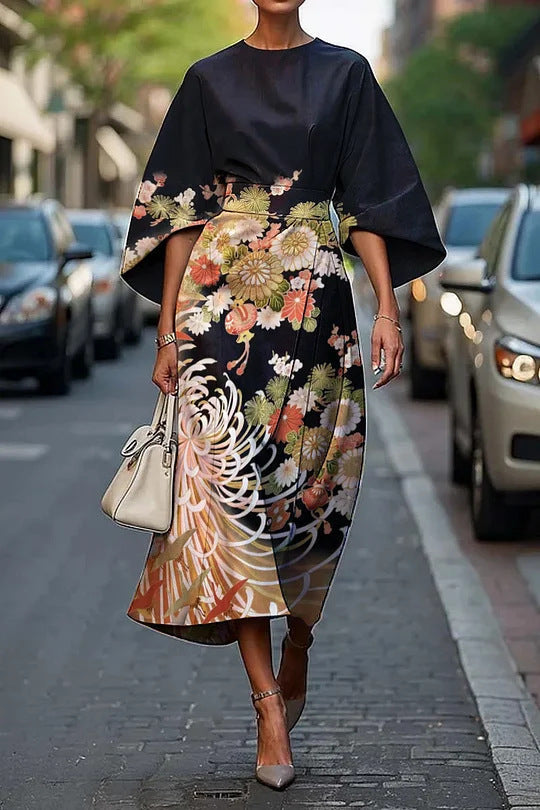 Women’s Midi Dress – Luxury Fabric – A-Line Fit – Kimono Sleeves – Floral Print
