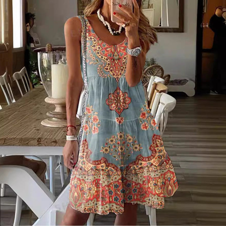 Women’s Sleeveless Dress – Flowy Fit – Scoop Neck – Tiered – Ornamental Pattern