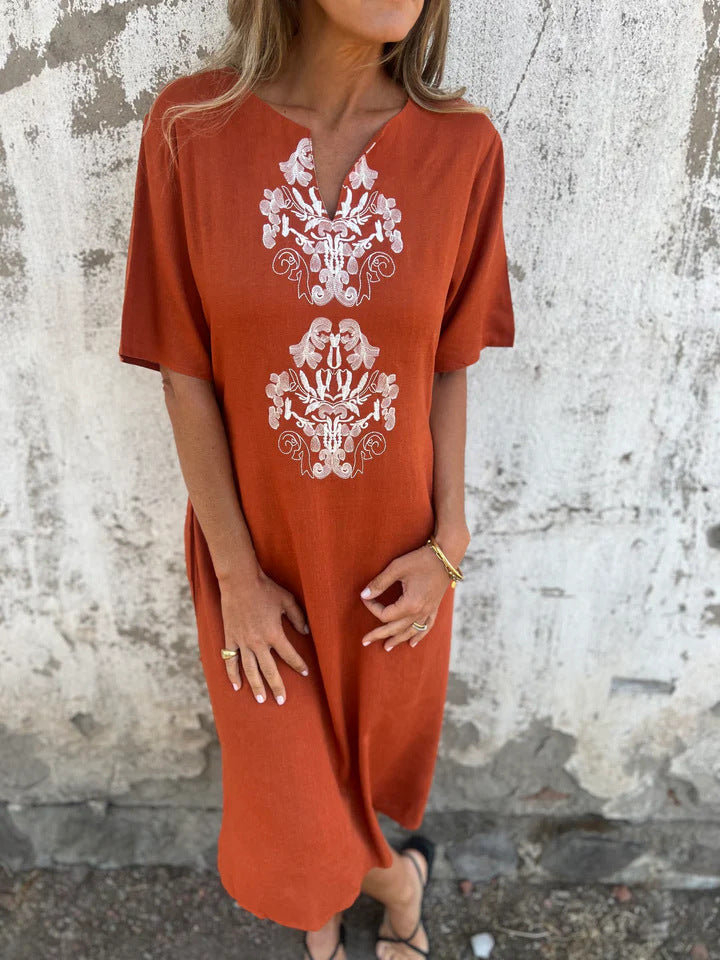 Women’s Midi Dress – Natural Fibers – Relaxed Fit – Embroidered Front – Short Sleeve