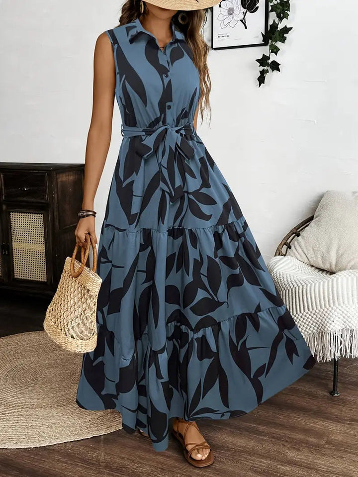 Women’s Maxi Dress – Sleeveless Collared – Button Front – Tiered Skirt – Tie Waist