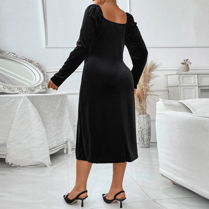 Women’s Midi Dress - Velvet - Slim Fit - Square Neck - Long Sleeve - High Slit
