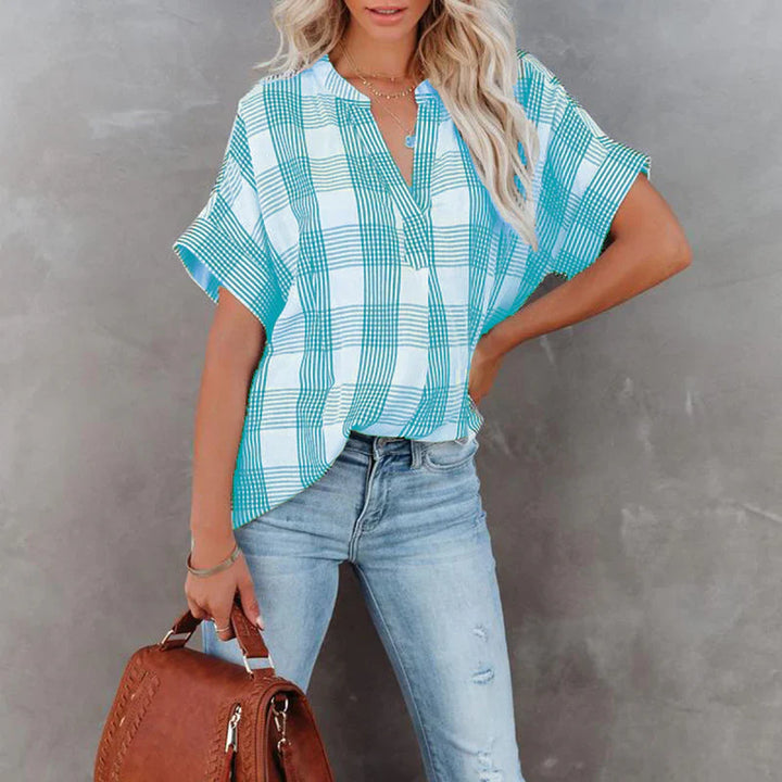 Women’s Blouse – Relaxed Fit – Cotton – Checkered Pattern – Short Sleeve – Casual Wear