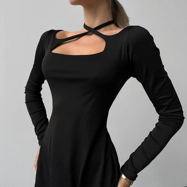 Women’s A-Line Dress – Keyhole Neckline – Crisscross Straps – Long Sleeve Fitted Fit