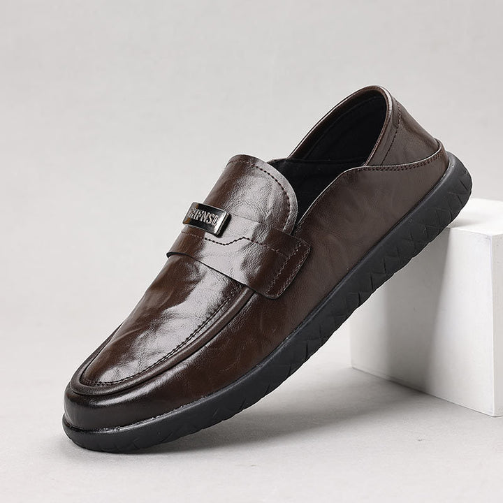 Men’s Leather Loafers – Slip-On Comfort – Rubber Sole – Decorative Strap – Smart Casual