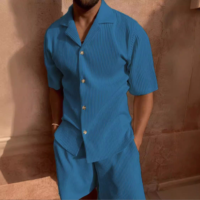 Men’s Casual Set – Relaxed Fit Button-Up Shirt & Shorts – Soft Textured Fabric