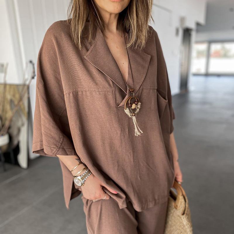 Women’s Two-Piece Set – V-Neck Top – High-Waisted Wide-Leg Pants – Relaxed Fit