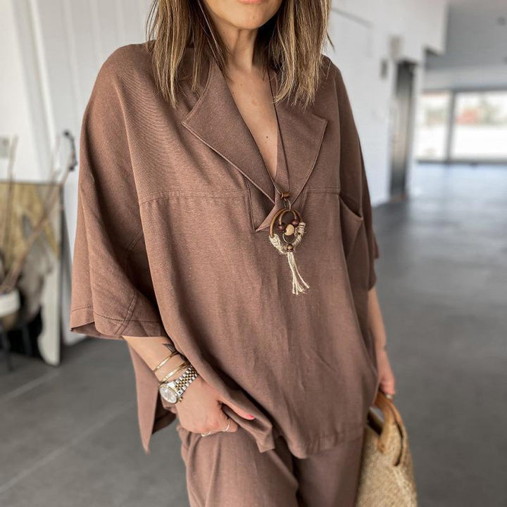 Women’s Two-Piece Set – V-Neck Top – High-Waisted Wide-Leg Pants – Relaxed Fit