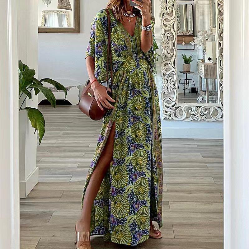Women’s Long Dress – Bohemian Print – V-Neck – Short Sleeve – Relaxed Fit – Side Slit