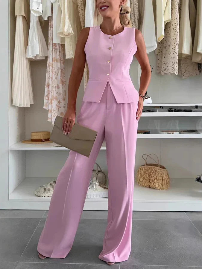 Women’s Blazer and Trousers Set – Tailored Fit – Sleeveless Blazer – Wide-Leg Pants