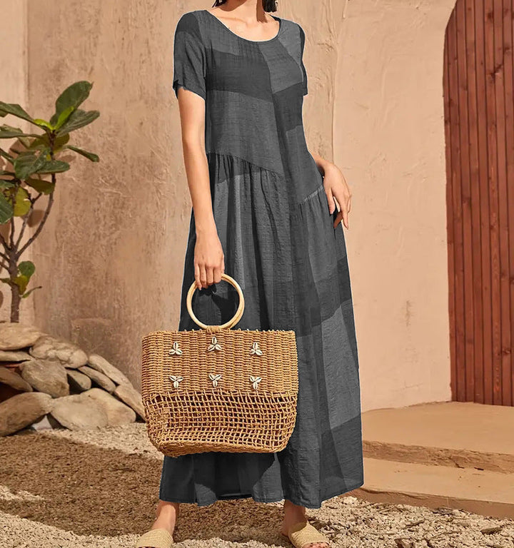 Women’s Long Dress – Cotton – Loose Fit A-Line – Short Sleeve – Plaid Casual Style