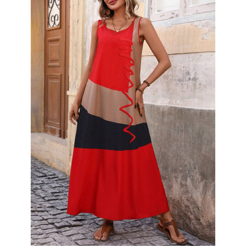 Women’s Maxi Dress – Slim Fit – V-Neck – Ruffle Cap Sleeves – Side Slit – Geometric Print