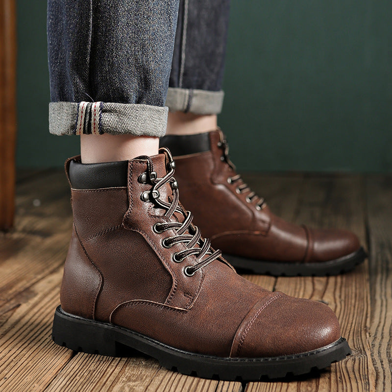 Men’s Ankle Boots - Leather Look - Lace-Up - Cushioned Support - Treaded Durable Sole
