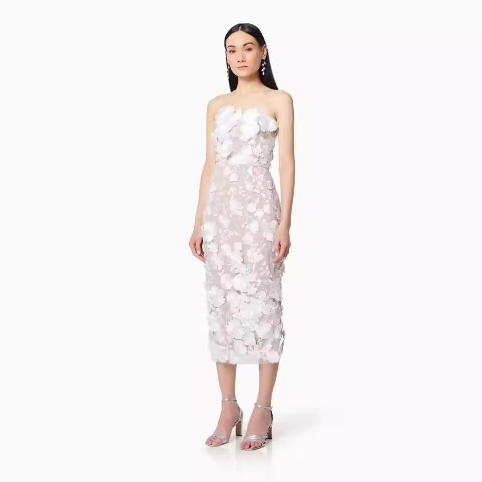 Women’s Strapless Dress – Slim Fit – Sheer Mesh – 3D Floral Appliqué – Midi Length