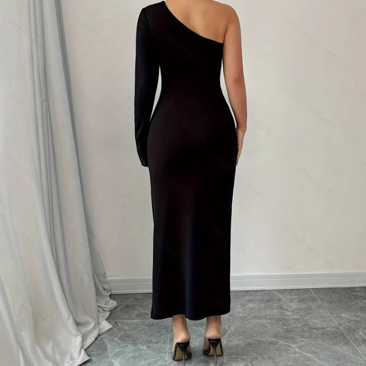 Women’s One-Shoulder Dress - Asymmetrical Hem - Long Sleeve - High Slit Fitted Evening Wear