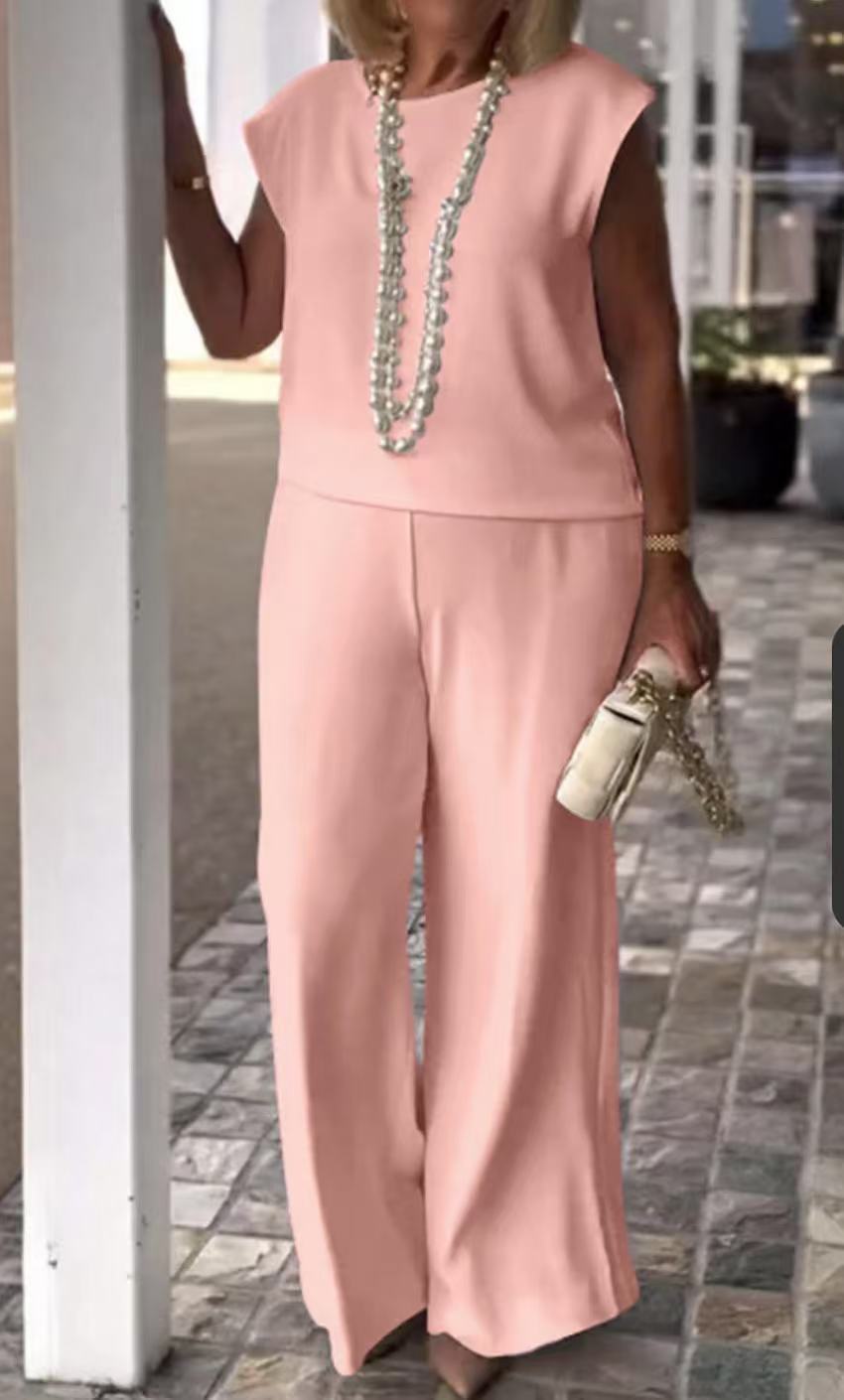 Women’s Two-Piece Set – Sleeveless Top – Wide-Leg Pants – Relaxed Fit – Silk
