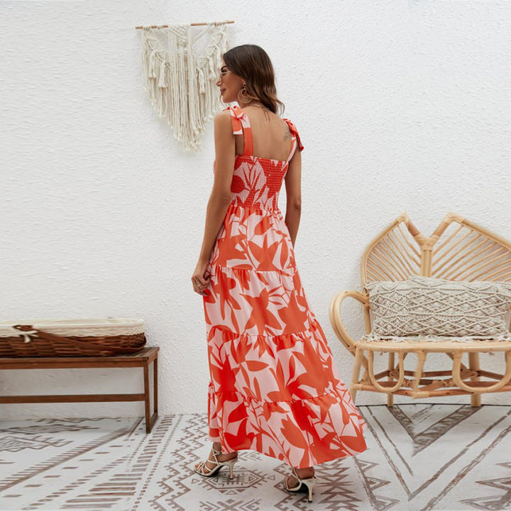 Women’s Maxi Dress – Smocked Bodice – Tiered Hem – Floral Print – Tie Strap Fit