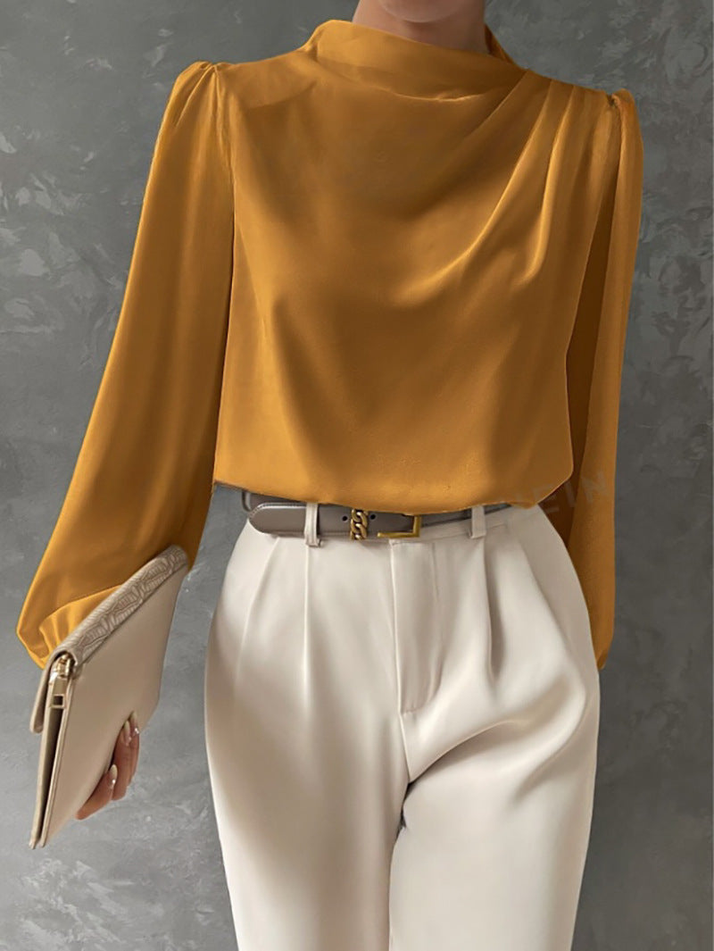 Women’s Blouse – Relaxed Fit – High Neck – Long Sleeve – Draped Details