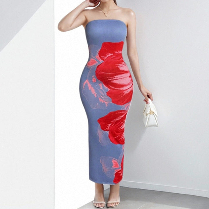 Women’s Strapless Dress - Bodycon Fit - Floral Print - Ankle Length Elegant Silhouette
