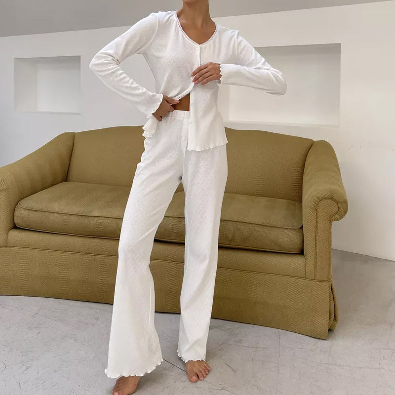 Women’s Loungewear Set – Soft Cotton – Relaxed Fit – Button Top & Wide-Leg Pants