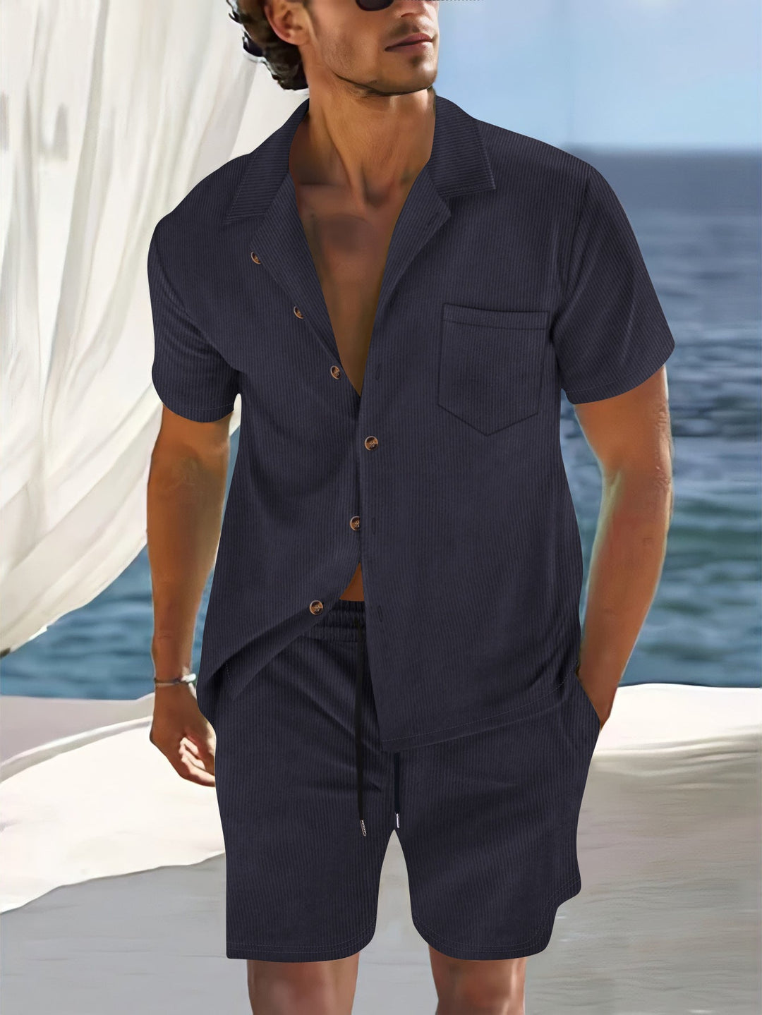 Men’s Short Sleeve Short Set – Relaxed Fit – Vertical Stripe – Lapel Collar – Button Front