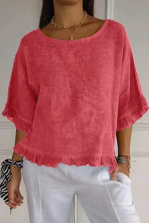 Women’s Blouse – Cotton Linen – Relaxed Fit – Ruffle Hem – Round Neck – Short Sleeve