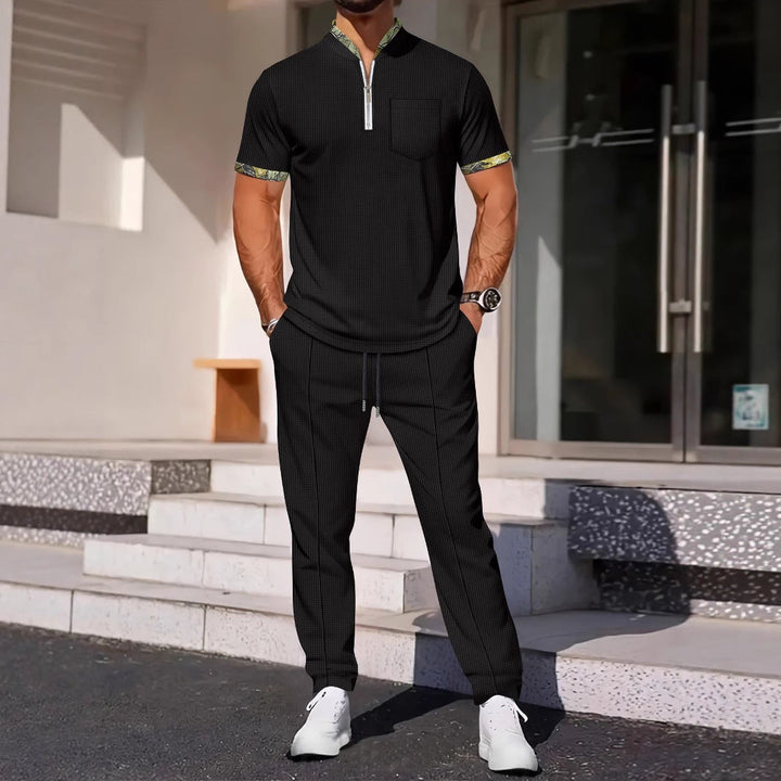 Men’s Sport Set -  Short Sleeve Shirt - Slim Fit - Zip Neck - Chest Pocket