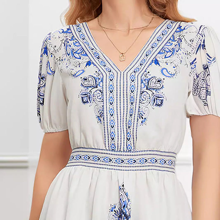 Women’s Mini Dress – V-Neck – Fitted Waist – Short Sleeve – Printed Cotton – Flowy Hem