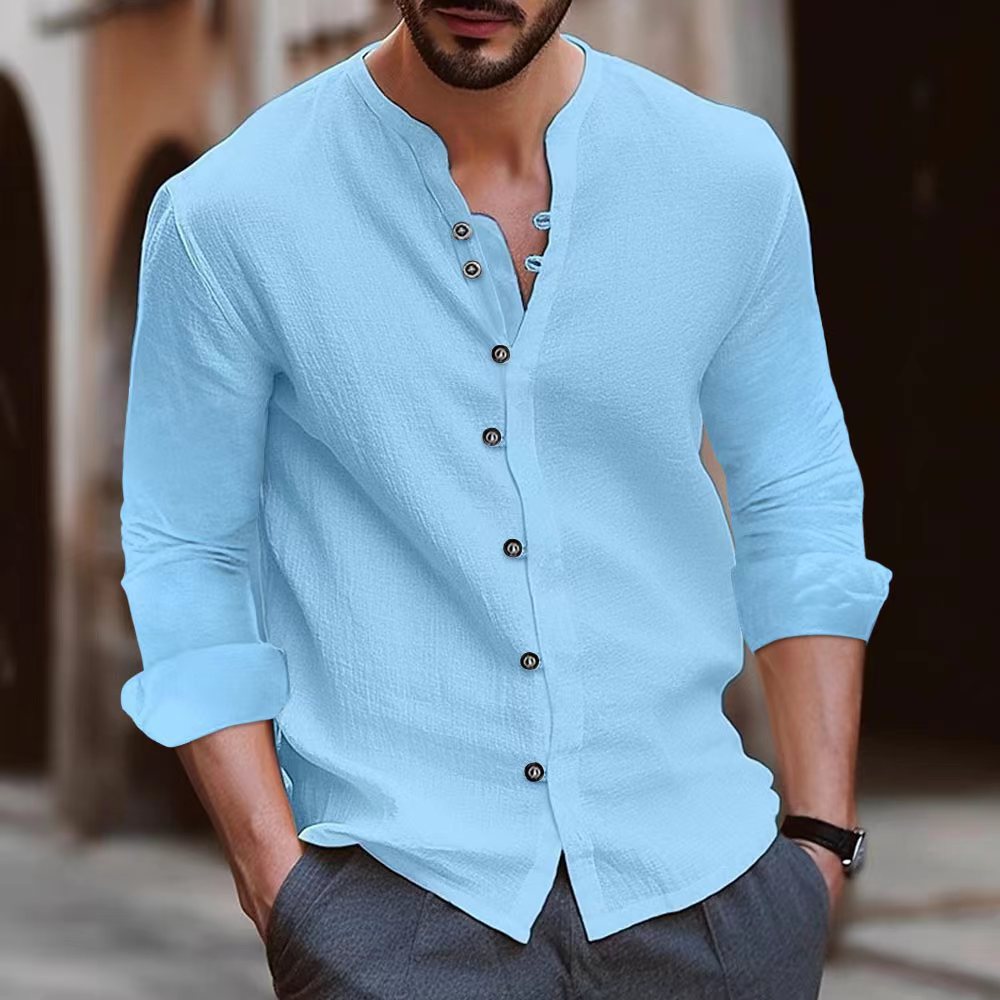 Men’s Long Sleeve Shirt - Cotton Linen Blend - Relaxed Fit - Band Collar Button-Up Casual Wear