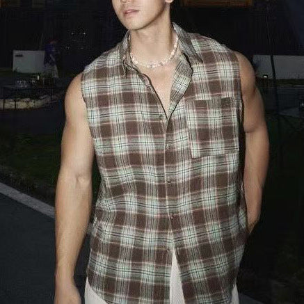 Men’s Sleeveless Shirt - Loose Fit - Button-Down - Lightweight Cotton - Casual Plaid