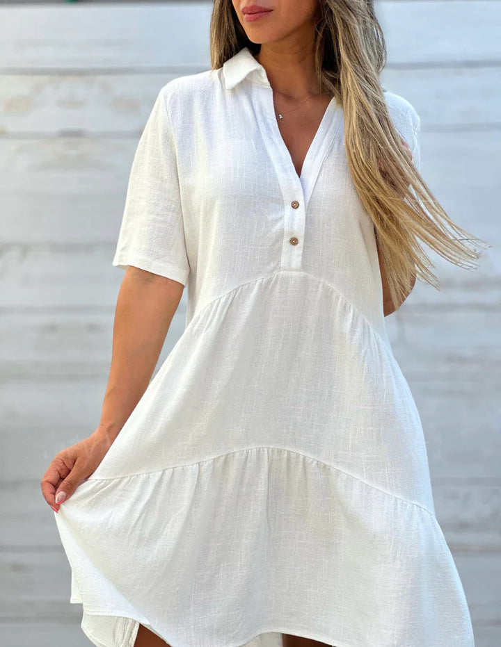 Women’s Casual Dress – Relaxed Fit – Short Sleeve – Collared – Tiered Natural Fibers
