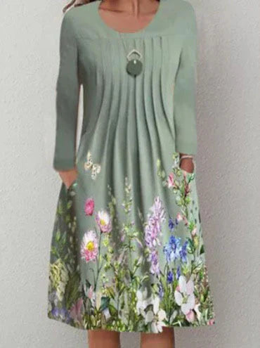Women’s Casual Dress – A-Line Fit – Cotton Blend – Long Sleeve – Pleated Bodice – Floral Accent