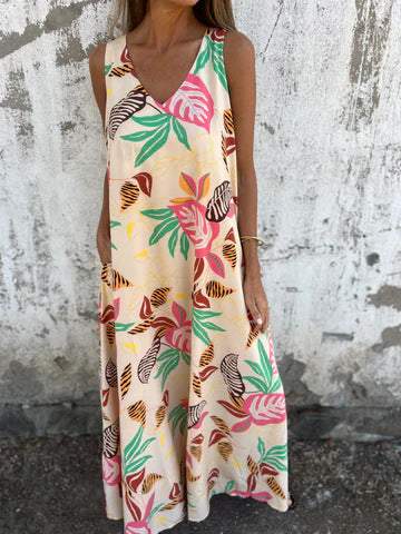 Women’s Maxi Dress – Sleeveless A-Line – V-Neck – Breathable Blend – Flowy Fit