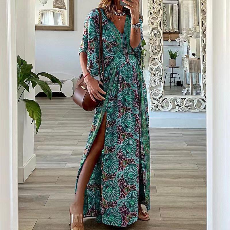 Women’s Long Dress – Bohemian Print – V-Neck – Short Sleeve – Relaxed Fit – Side Slit