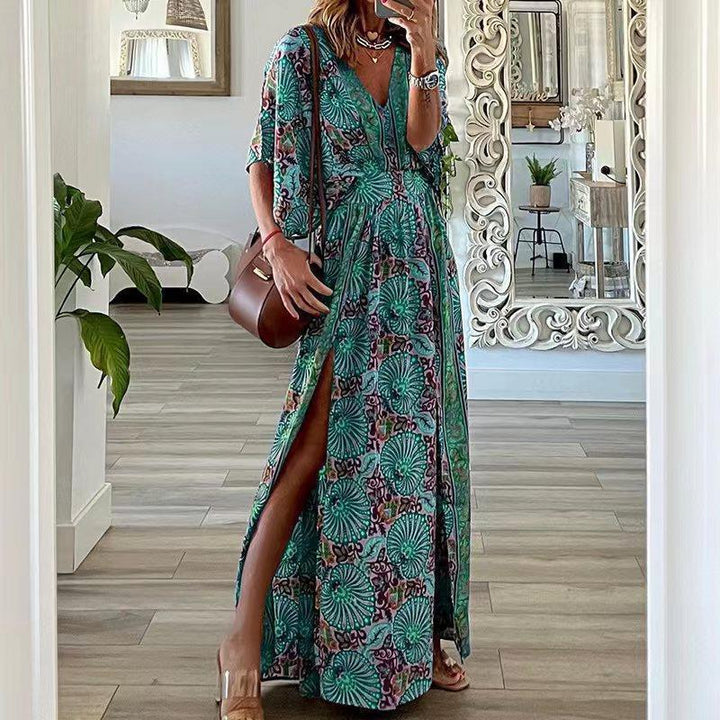 Women’s Long Dress – Bohemian Print – V-Neck – Short Sleeve – Relaxed Fit – Side Slit