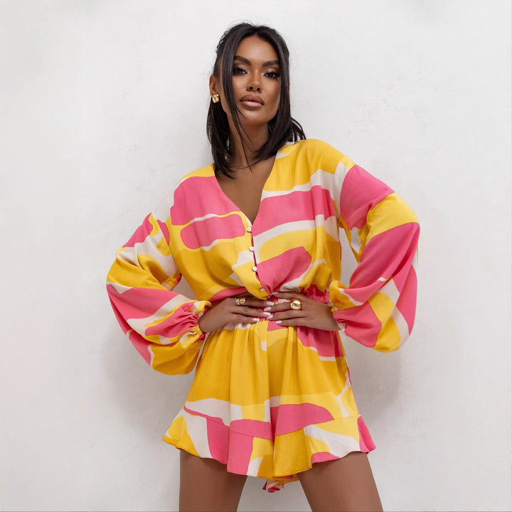 Women’s V-Neck Romper – Relaxed Fit – Long Sleeve – Abstract Print – Cinched Waist