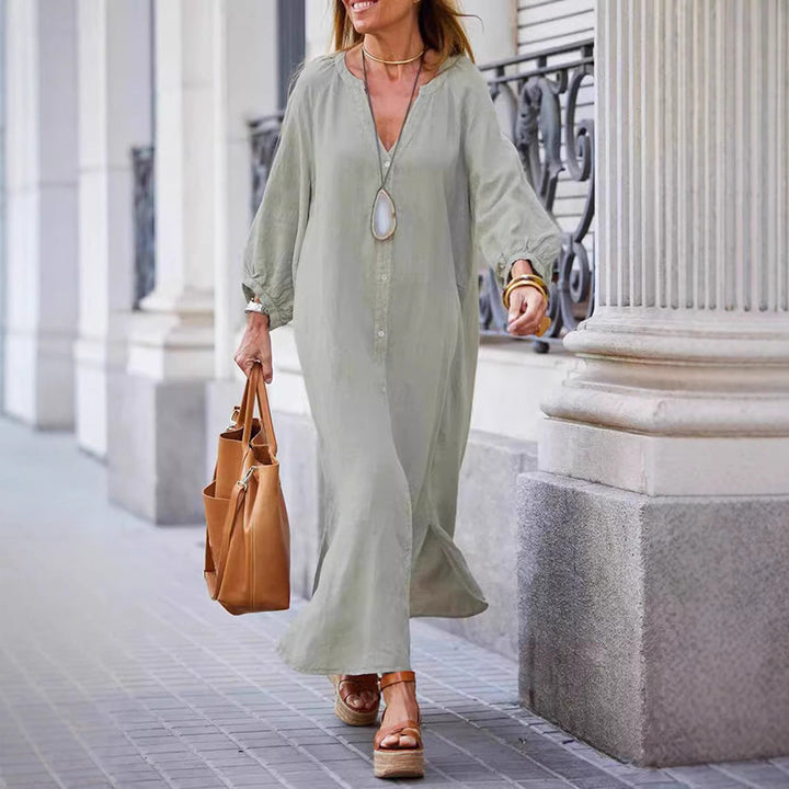Women’s Maxi Dress – Relaxed Fit – V-Neck – Button Front – Long Sleeve – Breathable Blend