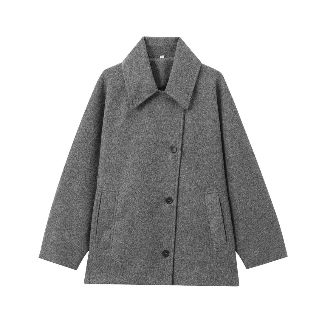 Women’s Wool Jacket - Oversized Fit - Wide Collar - Button Front - Casual Mid-Length