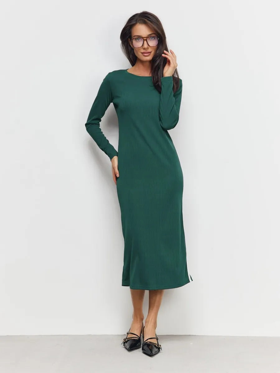 Women’s Midi Dress – Slim Fit – Long Sleeve – Side Slit – Contrast Side Stripe