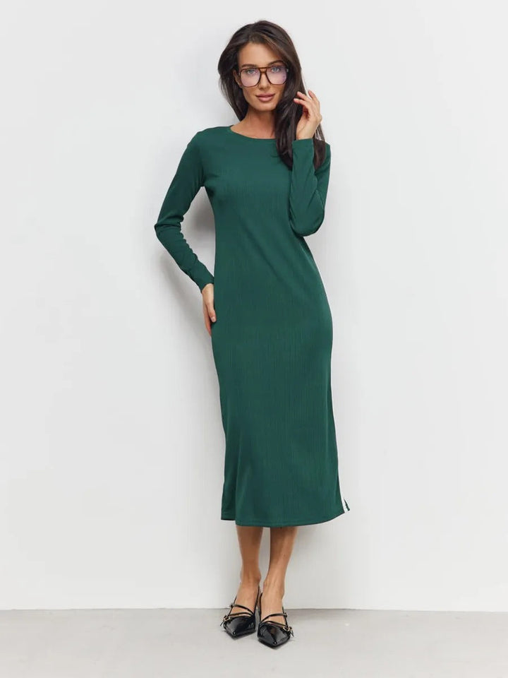 Women’s Midi Dress – Slim Fit – Long Sleeve – Side Slit – Contrast Side Stripe